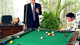 Brunette in Red Dress Fucked on Desk and Pool Table