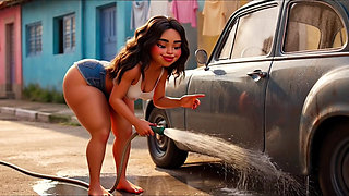 Hot Slim Favelada With Huge Ass Washes Car Wearing Tiny Wet Bikini Then Gets Fully Naked Covered In Thick Foam