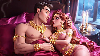 Erotic Fantasy Romance - Golden Jewelry Couple Deep Kissing & Bed Play