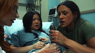 Asian nurse hotties Penny and Sofia seduce sultry Lulu in naughty lingerie