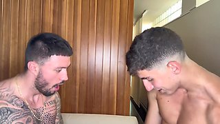 Sexy Busty Plump-assed Brunette Babe Gets Spit-roasted, DP-ed & Fed With Cum By 2 Hunks At the Gym