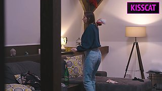 Busty Maid's First Day: Naked Man, Cock Washing with Blowjob