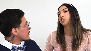 Petite girl with a nice booty sucking and riding a DILF