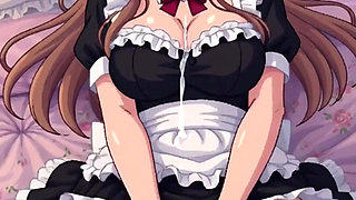 Hot Asian cosplay maid masturbates on the bed, pixelart