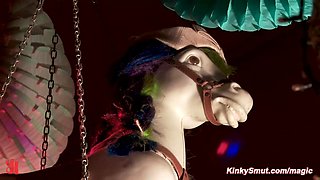 Tied up babe Liz Rainbow performs public giving head