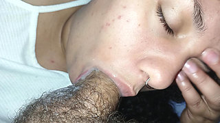 GREEDY, SHE SLIDES HER BIG FULL LIPS ON THE CUCKOLD'S COCK