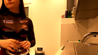 Big ass hot brunette babe shows her panties under her cut mini skirt