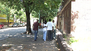 Stockinged milf gets covered with multiple cumshots in irr gangbang