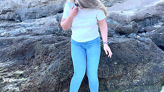Peeing in Tight Jeans on the Beach