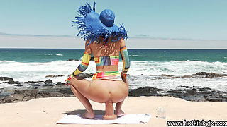 Hotkinkyjo Full Finger Dildo From Mrhankey Deep in Ass, Belly Bulge & Anal Prolapse on the Beach