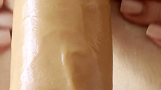 Blonde MILF Big Oiled Tits Nipple Play Sloppy Dildo Blowjob and Cum in Mouth
