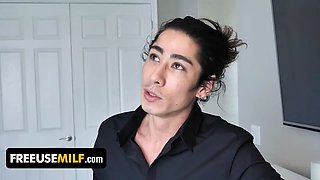 Freeuse cougar - asian stepmom squirts on stepson's rod while her milf pals are waiting for a turn