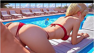 Car Toon In Busty Blonde Moans On The Beach, Ai Generated Animation