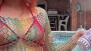 Having Fun with Bubble Maker Nearby Pool
