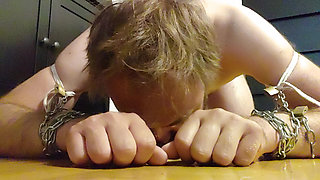 Fag chastity slave eats cum icecube to get the key for his bondage