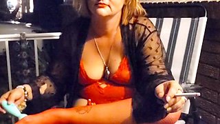 Voluptuous milf, sex toys in public, red lingerie