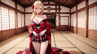 Red & Black Miko! Forbidden Shrine Prayer, High-Slit Hakama Exposure, Golden Goddess's Wet Gaze!