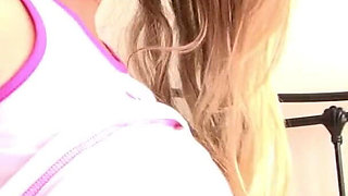 Brookies huge tits and cute panty strip on her bed