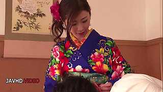 Seductive Asian babe in Kimono gives steamy Japanese blowjob live on camera