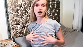 Blonde Housewife with big boobs masturbates with huge dildo