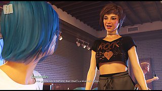 Blue-haired babe with big tits shares erotic stories while enjoying some PC gameplay