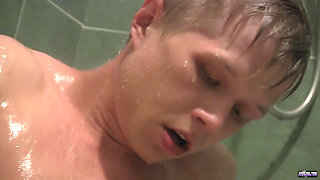 Wanking His Hard Cock in the Shower