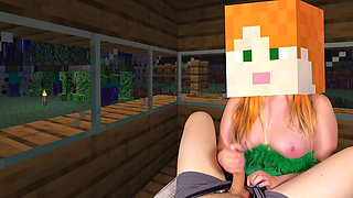 Hot Alex From Minecraft Fast Jerking off Steve's Hard Cock in a Cozy House, While Creepers and Skeletons Roam the Night Village