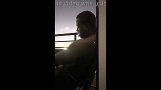 Amateur Blowjob on Hotel Balcony - Brunette Roommate Deep Throats Big Cock in Public