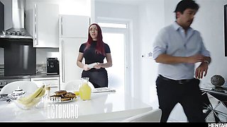 Redheaded Octokuro rides cowgirl through bondage with an anal toy and a huge dildo DP