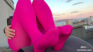 Pink Nylon Tease on the Rooftop at Sunset - Feet and Big Ass