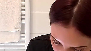 Hot Petite Redhead Real College Girl Spits on Her Hand and Masturbates in the Bathroom in a Mini Short Skirt