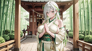 Silver-Haired Shrine Maiden Secrets! Languidly reclining in a red corridor, her bare shoulders and lush thighs exposed.