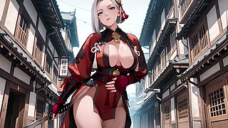 Silver-Haired Samurai's Private Dojo! Red & Black Kimono slightly open, dual swords in hand yet undeniably seductive.