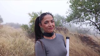Gorgeous Spanish goddess gets ass punished and tied up for piss play by an olive grove