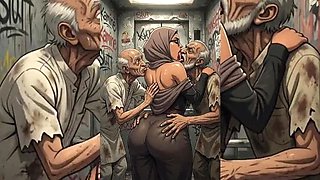 Hijabi Muslim Babe Gangbanged & Degraded by Ugly Old Bastards in Tight Space - Hijabi Series Part 3