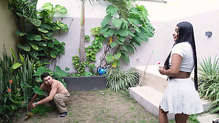 Horny gardener fucks cute Tiktoker with perfect body in the middle of his garden