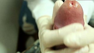 Sexy Doctor Blowjobs Patient's Cock with Latex Gloves -