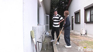 Blonde Japanese girl sucks with passion a big cock and swallows cum outdoor