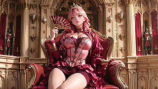 The Pink Queen's Coronation! Deep red silk, golden goblet, and a lazy gaze from the throne. Pure fantasy.