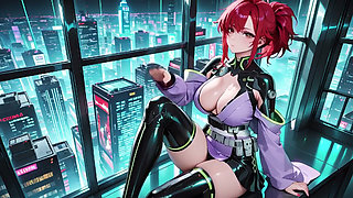 Ai-purple Kimono Seduction in the Neon Train Car, Fingertips Touching Collar, a Gaze That Drenches You!