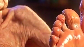 Beautiful Big Wrinkled Feet Oiled up - Oil Dripping From Toes Sensual Massage