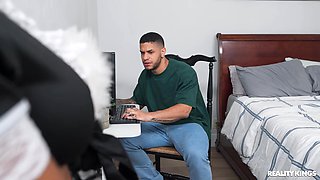 Trying On Maid Uniform Cosplay For My Roommate: Busty Ebony Lily Starfire with Mike Ox