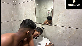 The guy had great sex with the girlThey went from the bathroom to the bed.