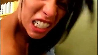 Brunette with perky tits takes two huge cocks in all holes
