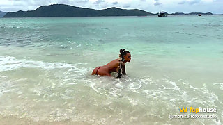 Hot Monika Fox with Braid in Red Mini Swimsuit on Beach!