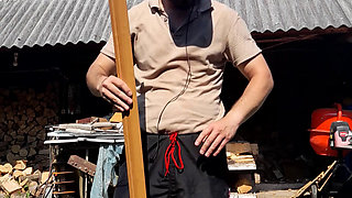 Man gets excite by spanking with a piece of furniture