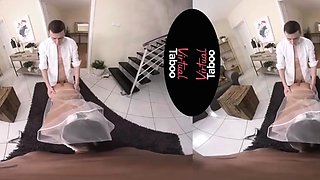 Sexy dark-haired bride gives her husband and father a