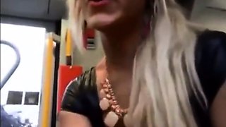 Nervous Boyfriend Receives a Bus Blowjob from His Blonde Gir