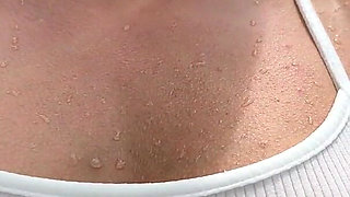 Outdoor Yoga Tree Pose & Tease in See-through Bodysuit in the Pool