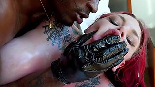 Redhead with big boobs riding cock